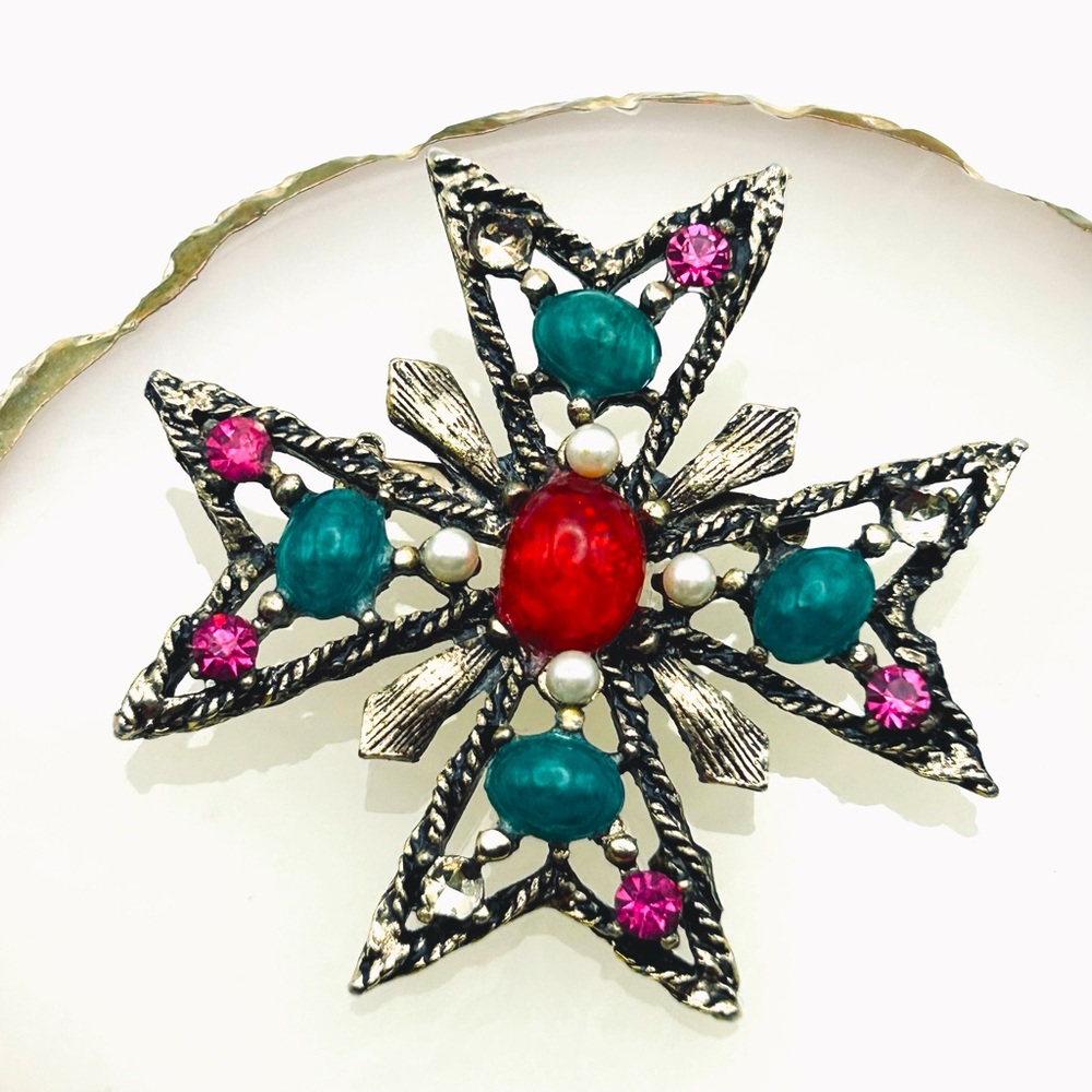 Bejeweled Maltese Cross Brooch Pin
